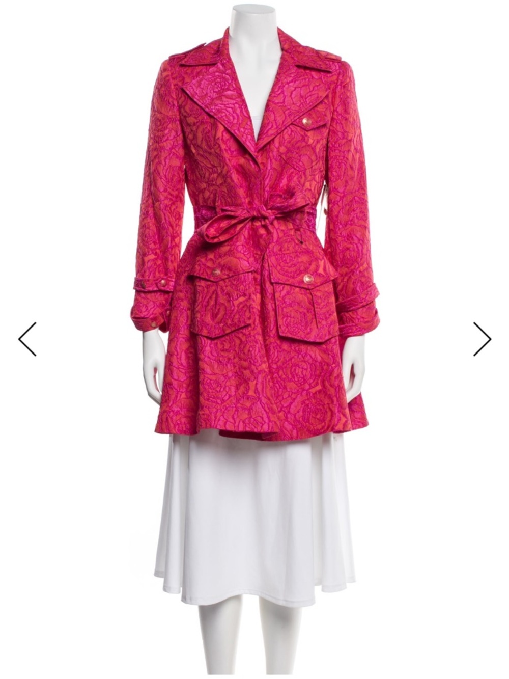 Alice + Olivia Fuchsia Floral Jacquard Tie-Waist Trench Coat